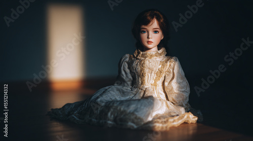 Enchanting Vintage Doll Bathed in Soft Light, Capturing Timeless Beauty and Delicate Details, Perfect for Collectors and Design Enthusiasts Alike!
