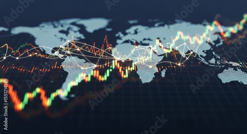 Global Market Analysis: Stock Trading Chart Overlaying World Map Showing Financial Data and Economic Trends Worldwide.