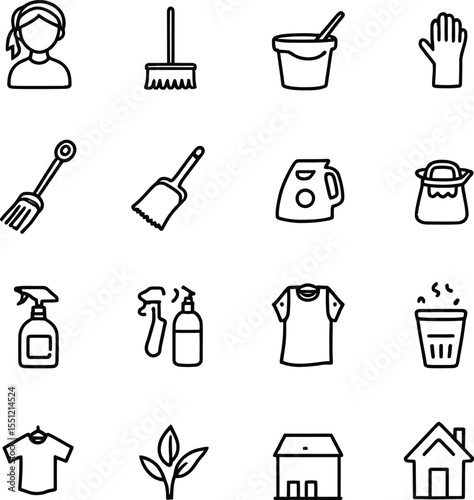  House Cleaning & Laundry Icons Vector Set: Essential for Home Services, Chores & Domestic Themes
