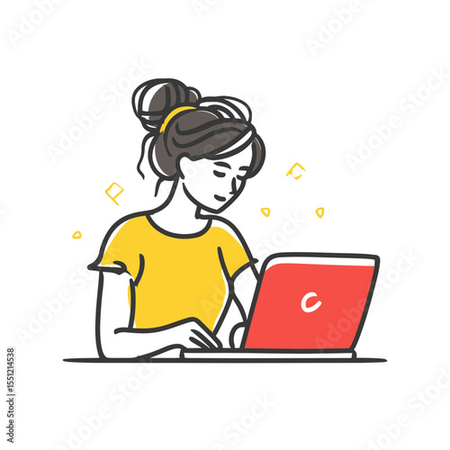Focused woman uses laptop indoors for communication with digital simplicity