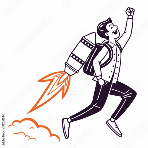 Enthusiastic entrepreneur taking off with a personal rocket for business breakthrough