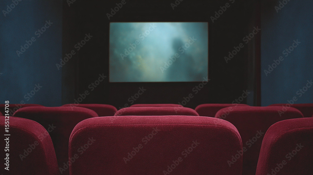 Fototapeta premium Immerse Yourself in the Cinematic Experience: A Captivating View of a Cozy Movie Theater with Plush Red Seats and a Mysterious Screen Atmosphere