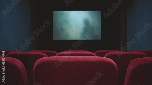 Immerse Yourself in the Cinematic Experience: A Captivating View of a Cozy Movie Theater with Plush Red Seats and a Mysterious Screen Atmosphere