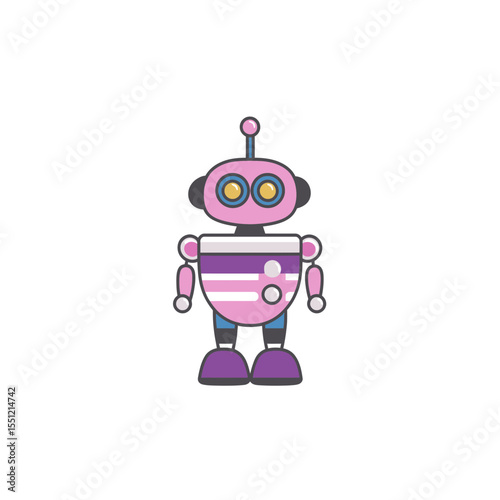 Colorful robot stands upright in a clean studio shot isolated