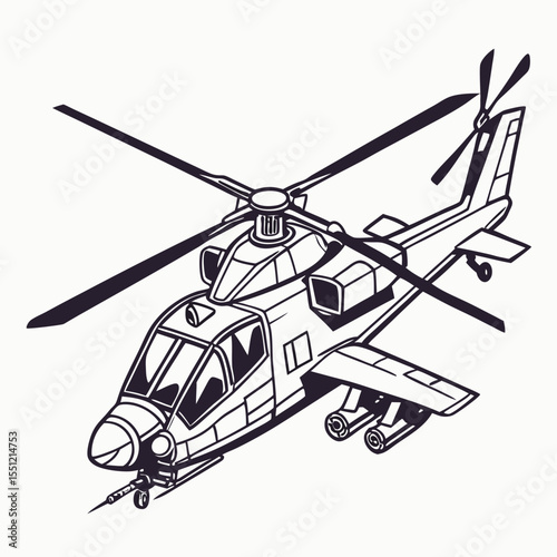 Monochrome line drawing of a combat helicopter in flight, isolated vector image