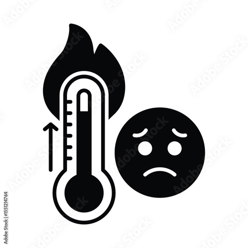 Heat Anxiety Glyph Icon. Temperature Rise Symbol. Sad Face and Thermometer. Global Warming Solid Silhouette.