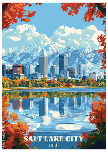 Salt Lake City, Utah Vector Illustration. Skyline with Mountains and Lake Reflection.