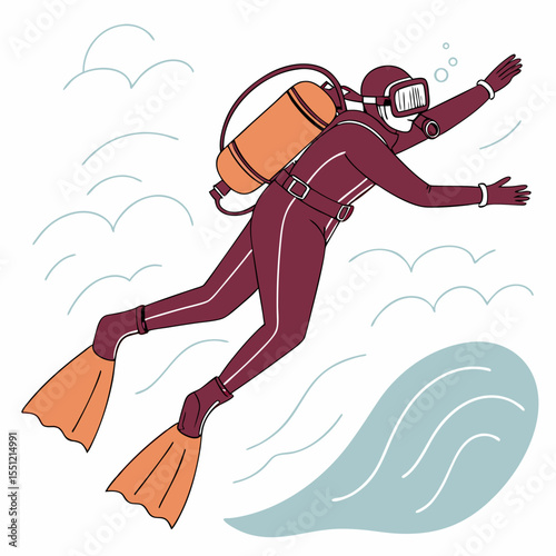 Diver explores underwater world, adventure diving in the deep ocean isolated