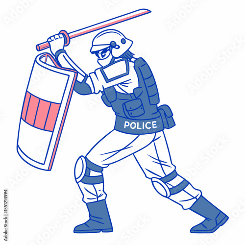 Stylized depiction of a riot control officer with sword and shield stance