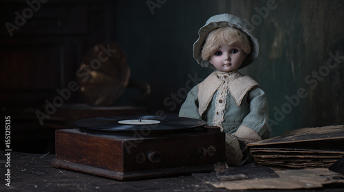 Discover the Timeless Charm of a Vintage Doll and Record Player: A Nostalgic Scene Capturing Childhood Memories and the Beauty of Antique Collectibles