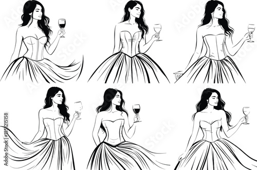 Elegant woman in ball gown holding wine glass line art illustration
