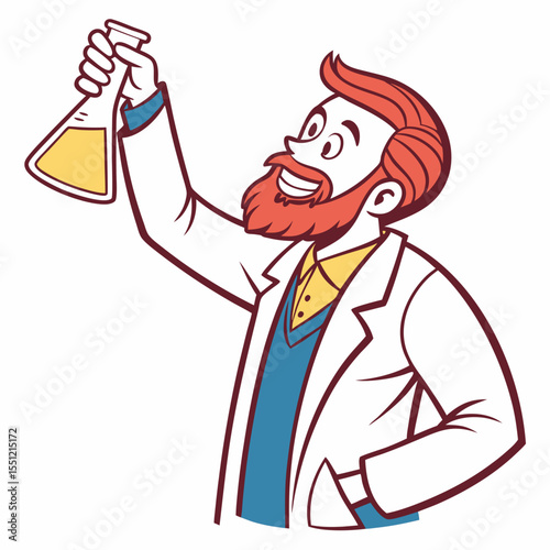 Cartoon scientist cheerfully analyzing a golden liquid in a conical flask