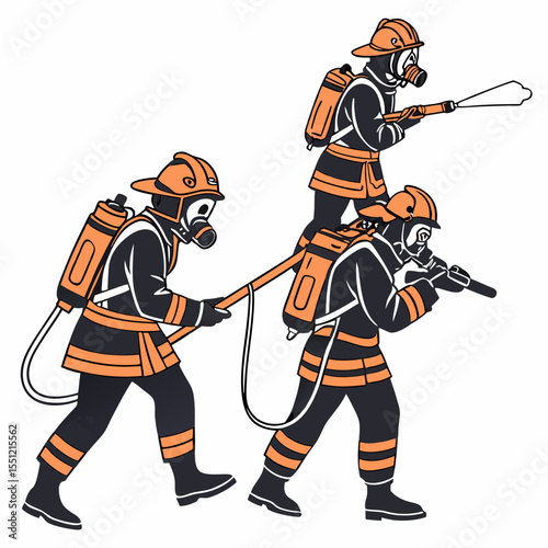 Illustrated firefighters tackling blazes in teamwork during an emergency response