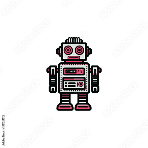 Retro robot stands upright featuring screen details isolated white backdrop