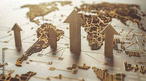 Wooden Arrows on World Map Representing Global Growth and Success in Business and Economy