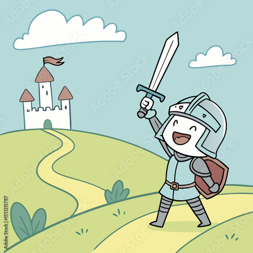 Cheerful knight illustration triumphantly approaching hilltop castle drawing