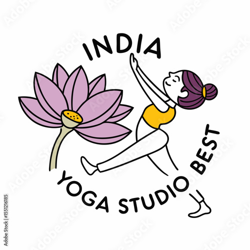 Serene yoga posture depiction, floral symbol, promoting a wellness experience