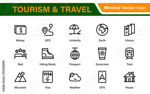 Travel outline icons set. Travel, hotel, holiday, tourism, beach, plane, map, agent and insurance. Booking, reservation, room, airport, accommodation.