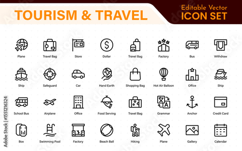 Travel outline icons set. Travel, hotel, holiday, tourism, beach, plane, map, agent and insurance. Booking, reservation, room, airport, accommodation.