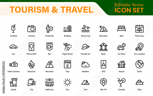 Travel outline icons set. Travel, hotel, holiday, tourism, beach, plane, map, agent and insurance. Booking, reservation, room, airport, accommodation.