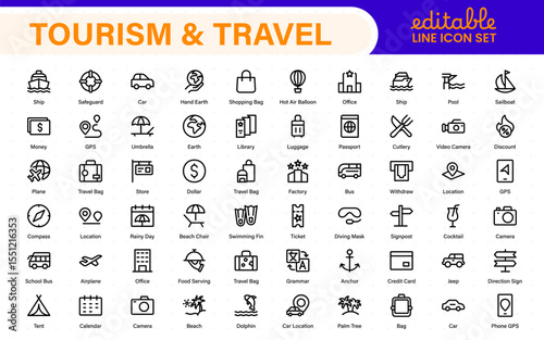 Travel outline icons set. Travel, hotel, holiday, tourism, beach, plane, map, agent and insurance. Booking, reservation, room, airport, accommodation.