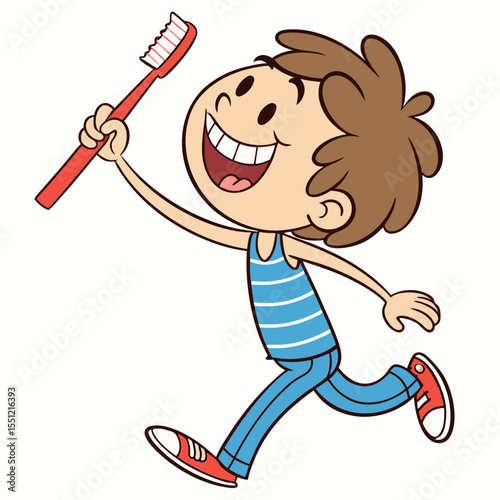 Cartoon child enthusiastically embracing dental hygiene with a toothbrush in hand