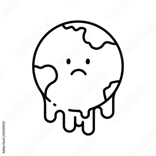 Sad Earth Icon. Melting Planet Outline. Global Warming Symbol. Climate Crisis Line Style.