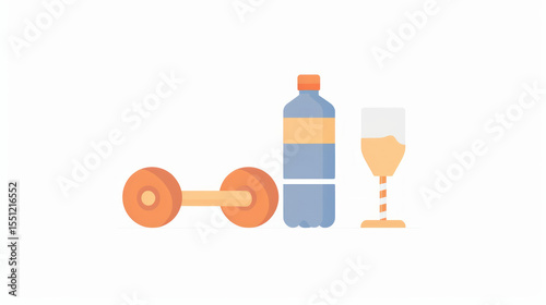Fitness Equipment and Refreshing Beverage for Healthy Lifestyle Focus with Dumbbell, Water Bottle and Drink Glass