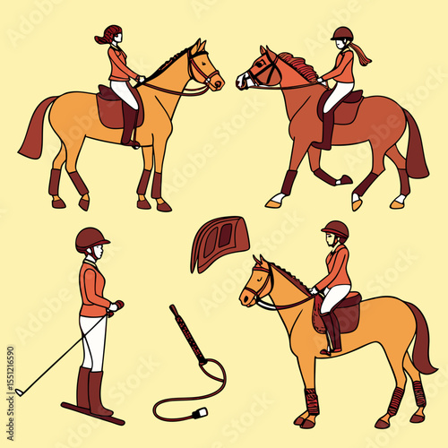 Equestrian pursuits outlined illustration showcasing riders and equine partners