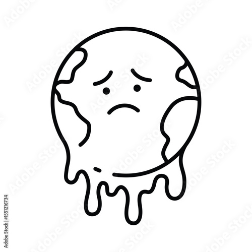 Melting Earth Icon. Climate Anxiety Outline. Sad Planet Global Warming Symbol. Environmental Crisis Line Style.