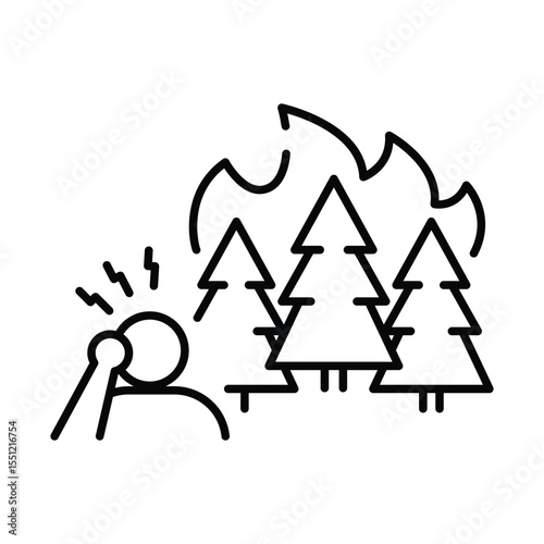 Stressed Person Icon. Forest Fire Reaction Outline. Climate Crisis Symbol. Burned Trees Line Style.