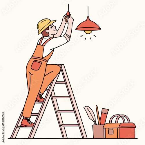 Installation Specialist Ascending Ladder to Refine Lighting Fixture with Care