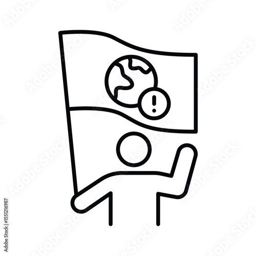 Protest Person Icon. Holding Planet Sign Outline. Climate Crisis Symbol. Global Warming Line Style.