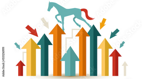 Illustration of a Horse Galloping Through Abstract Colorful Arrows Symbolizing Growth, Progress, and Development in Business