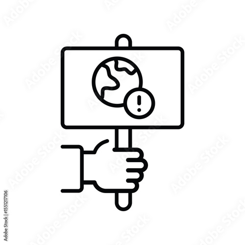 Protest Hand Icon. Holding Planet Sign Outline. Climate Awareness Symbol. Crisis Message Line Style.