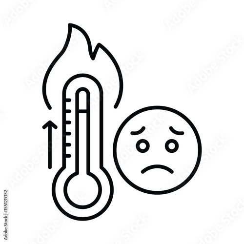Heat Anxiety Icon. Thermometer and Fire Outline. Sad Face Climate Reaction. Temperature Crisis Line Style.