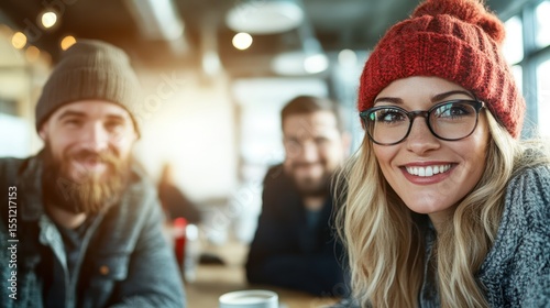 This image captures a joyful moment of friends relaxing at a cafe, showcasing camaraderie and warmth in a modern social atmosphere filled with soft lighting.
