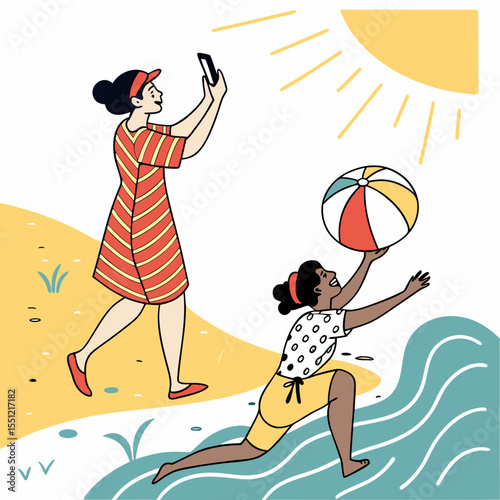 Summer beach vacation illustration featuring diverse women enjoying outdoor activities