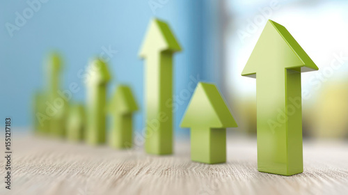 Growth Concept with Green Arrow Shapes on Wooden Surface Showcasing Progress and Success in Business or Personal Development Environments