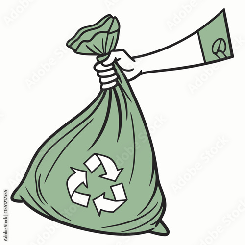 Hand holding eco-friendly trash bag with recycle symbol promoting sustainability