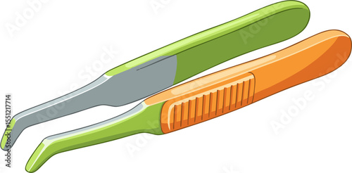Angled Tweezers with Green and Orange Handles, Detailed and Isolated.