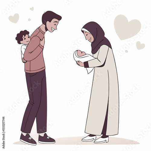 Harmonious depiction of a muslim family cherishing new life and familial bonds