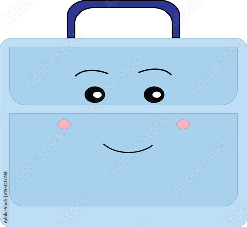 Flat vector of a blue laptop bag with a cheerful face, perfect for back-to-school or remote working design themes.