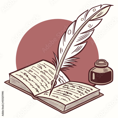 Vintage writing illustration featuring feather pen, inkwell, and open book