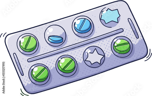 Cartoon blister pack with green, blue, and star-shaped pills, some missing