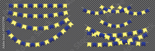 Realistic Bunting flag set, Blue and Yellow vector pennants hanging on the rope. Colorful flag garland for party and holiday decorations isolated on transparent background. Ukrainian bunting flags