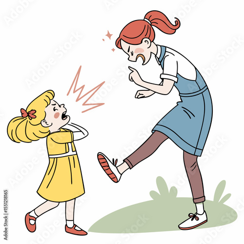Mother scolding her daughter, conflict and childhood discipline illustration