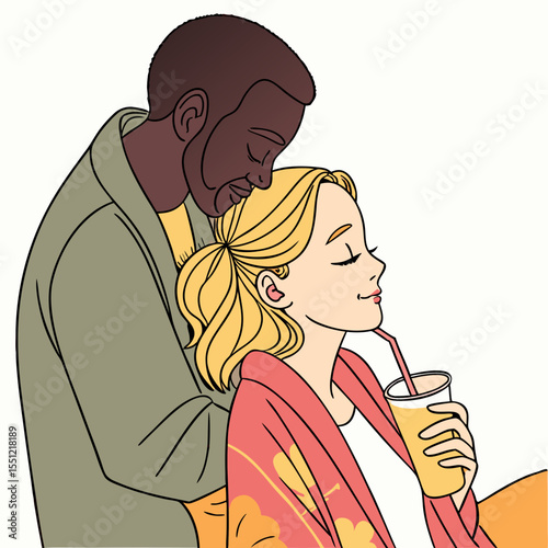 Interracial couple sharing a refreshing moment with juice, depicted in a minimalist style