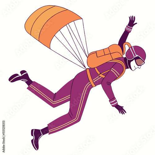 Isolated stylized skydiver figure in purple and orange, engaging extreme sport