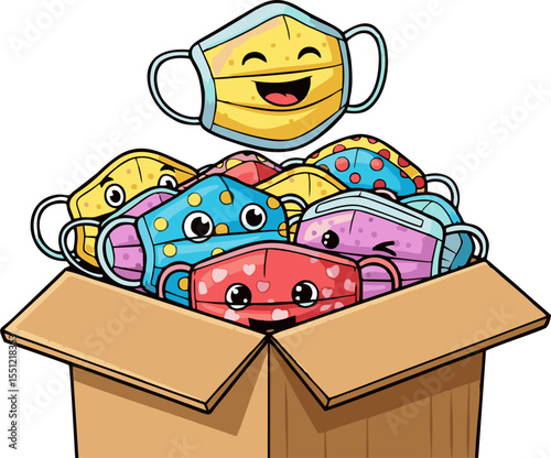 Cartoon Box Overflowing with Smiling, Patterned Face Masks, Ready for Use.